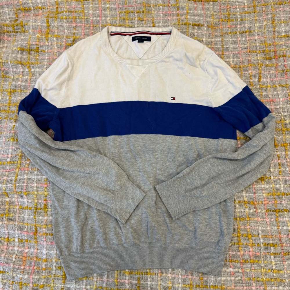 Tommy Hilfiger White and Blue Crewneck Sweater
